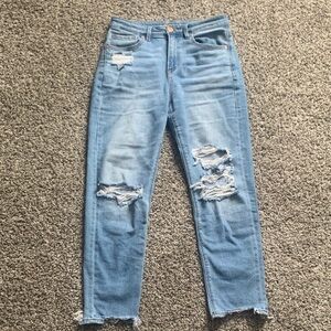 High Waisted Light Wash Straight Leg Distressed Jean